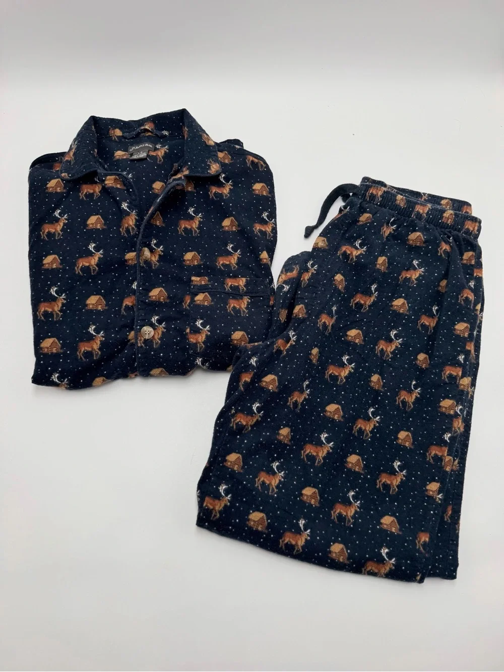 Vintage St. John’s Bay Deer Cabin Print Pajama Set Men’s L Cotton Hunting Lodge